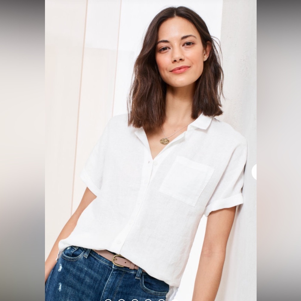 Garnet Hill White Short-Sleeve Button-Down Linen Shirt